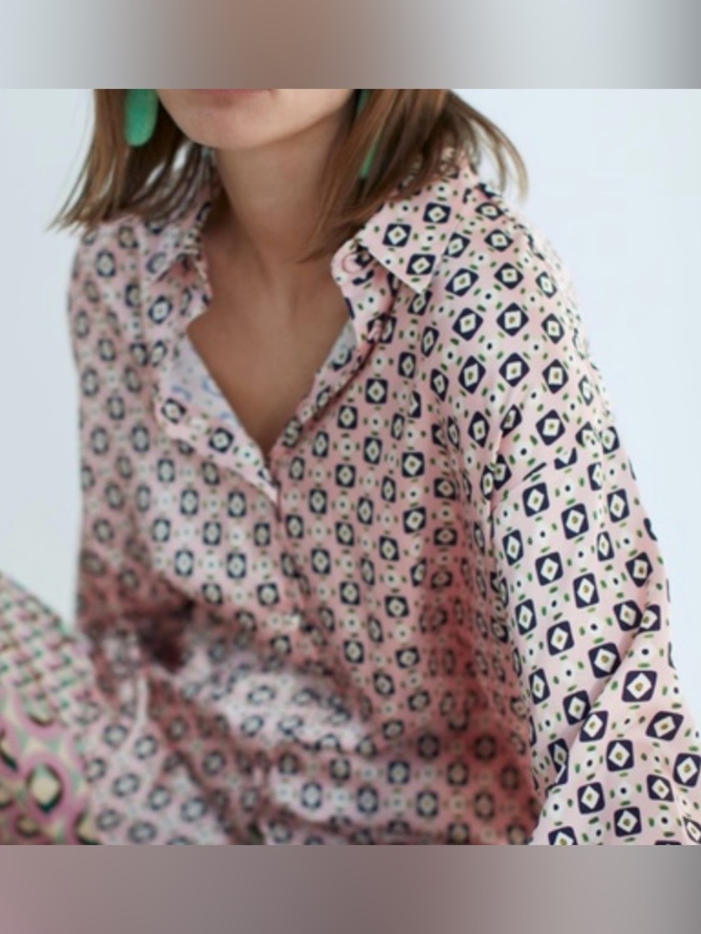 Zara Pink Geometric Print Shirt with Navy Accents (SKU826)